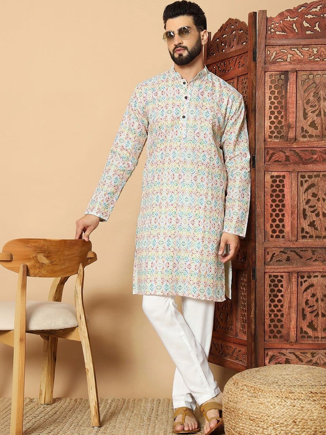 Dincharya Men Geometric Printed Kurta - view 1