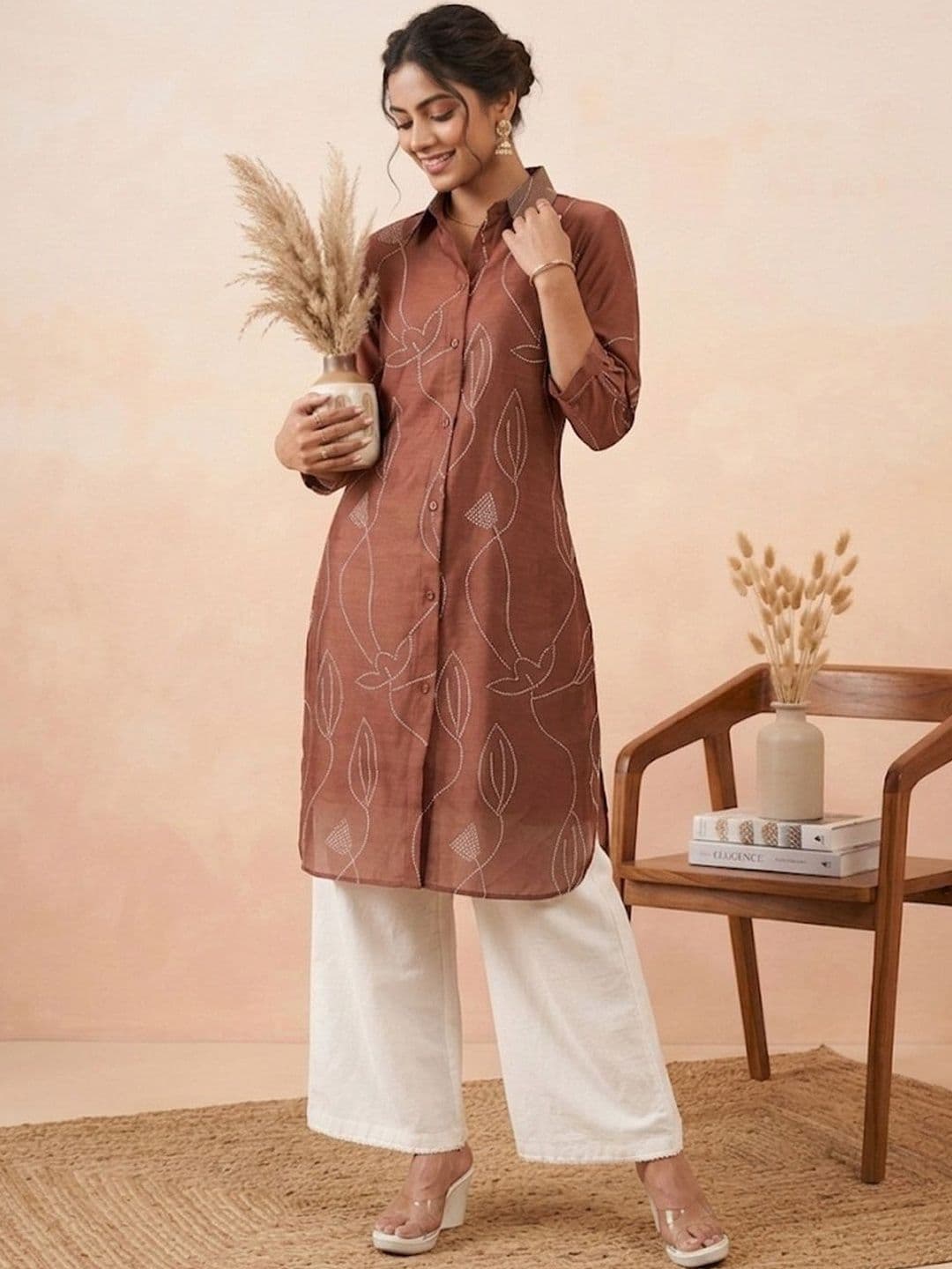 Sangria Printed Shirt Collar Knee Length Straight Kurtas - view 1