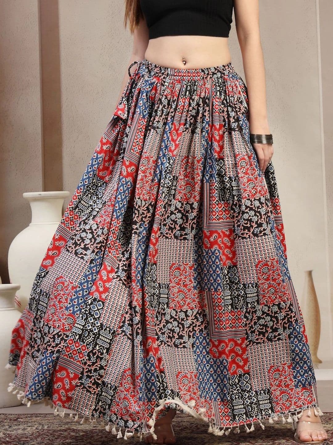 HERE&NOW Women Pure Cotton Blend Cotton Cambric Geometric Bohemian Maxi Flared Skirt - view 1