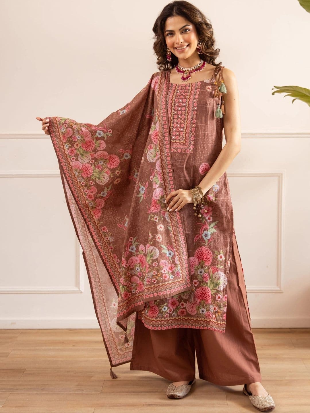 KALINI Women Floral Embroidered Regular Thread Work Pure Cotton Kurta with Palazzos & With Dupatta - view 1