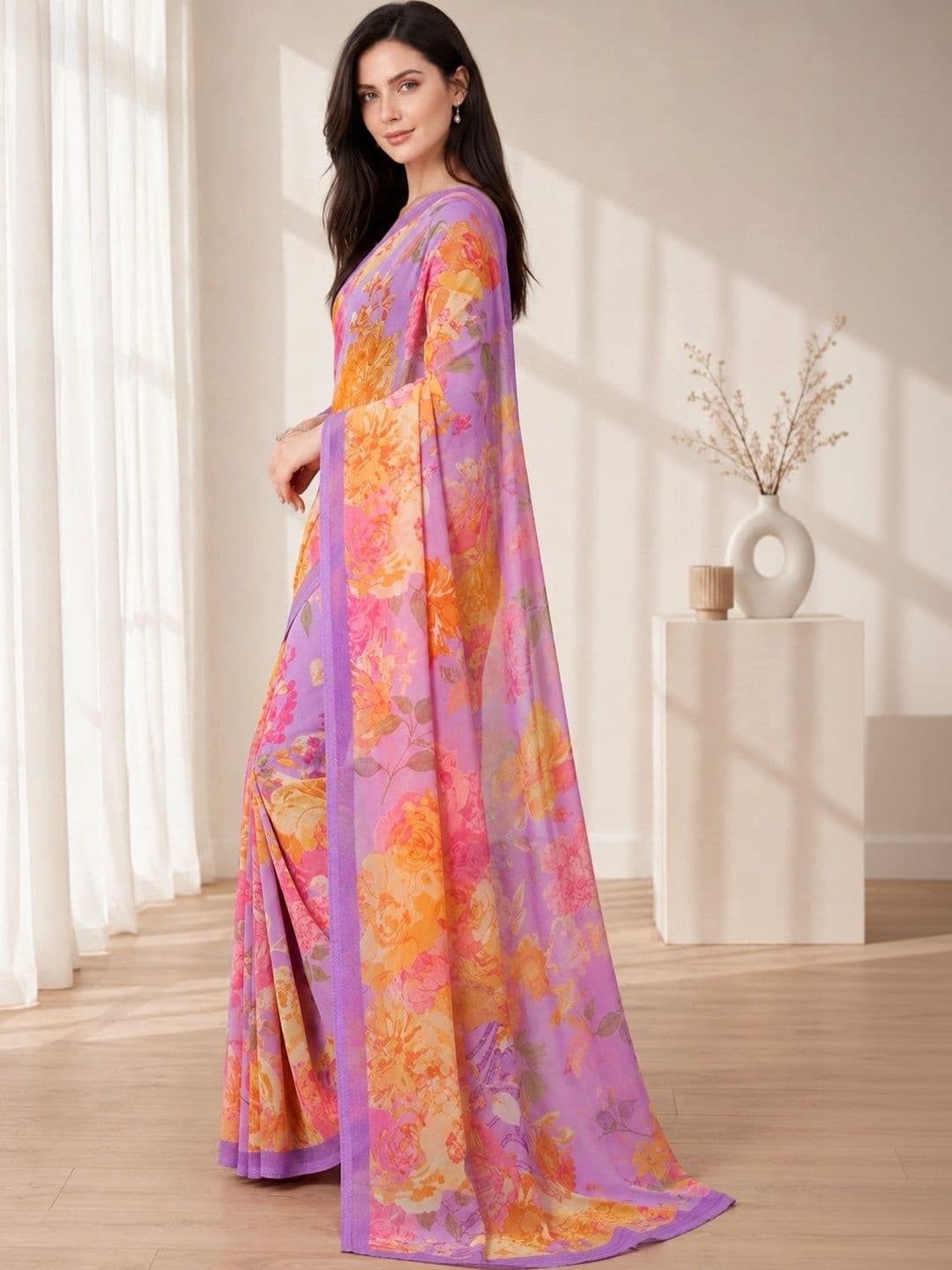 ELINA FASHION & HOME Floral Poly Georgette Fusion Saree - view 1