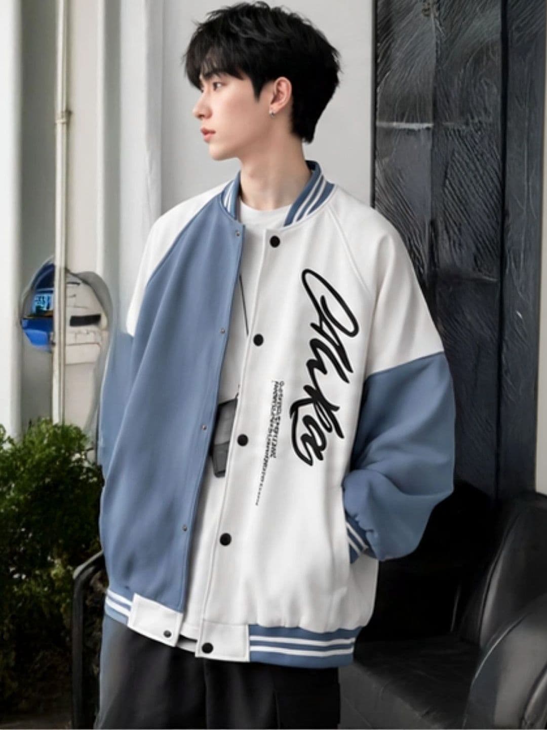 KPOP Men Typography Colourblocked Varsity Jacket - view 1