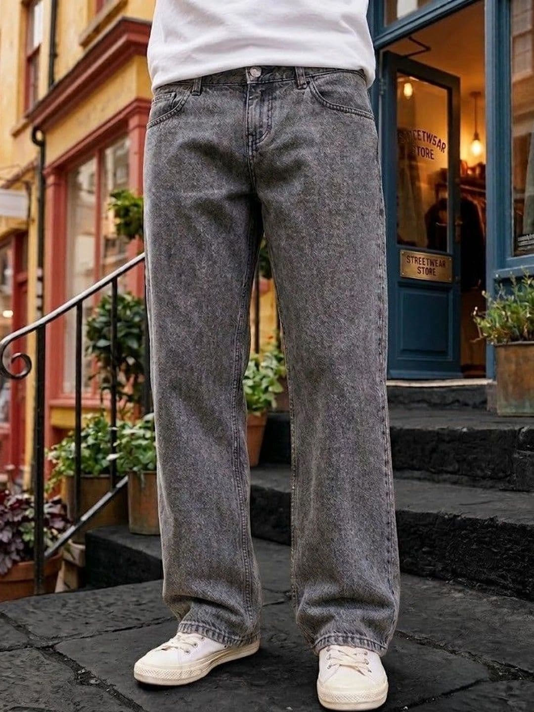 WOOMNY Men Wide Leg Mid-Rise Acid Wash Jeans - view 1