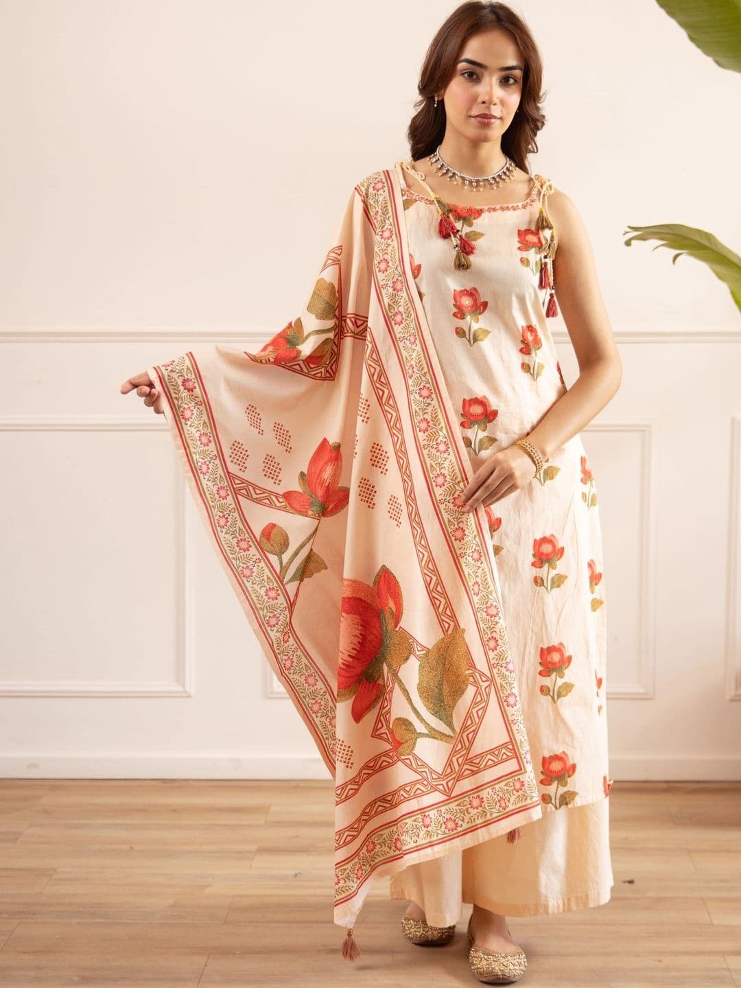 KALINI Women Floral Printed Regular Pure Cotton Kurta with Palazzos & With Dupatta - view 1