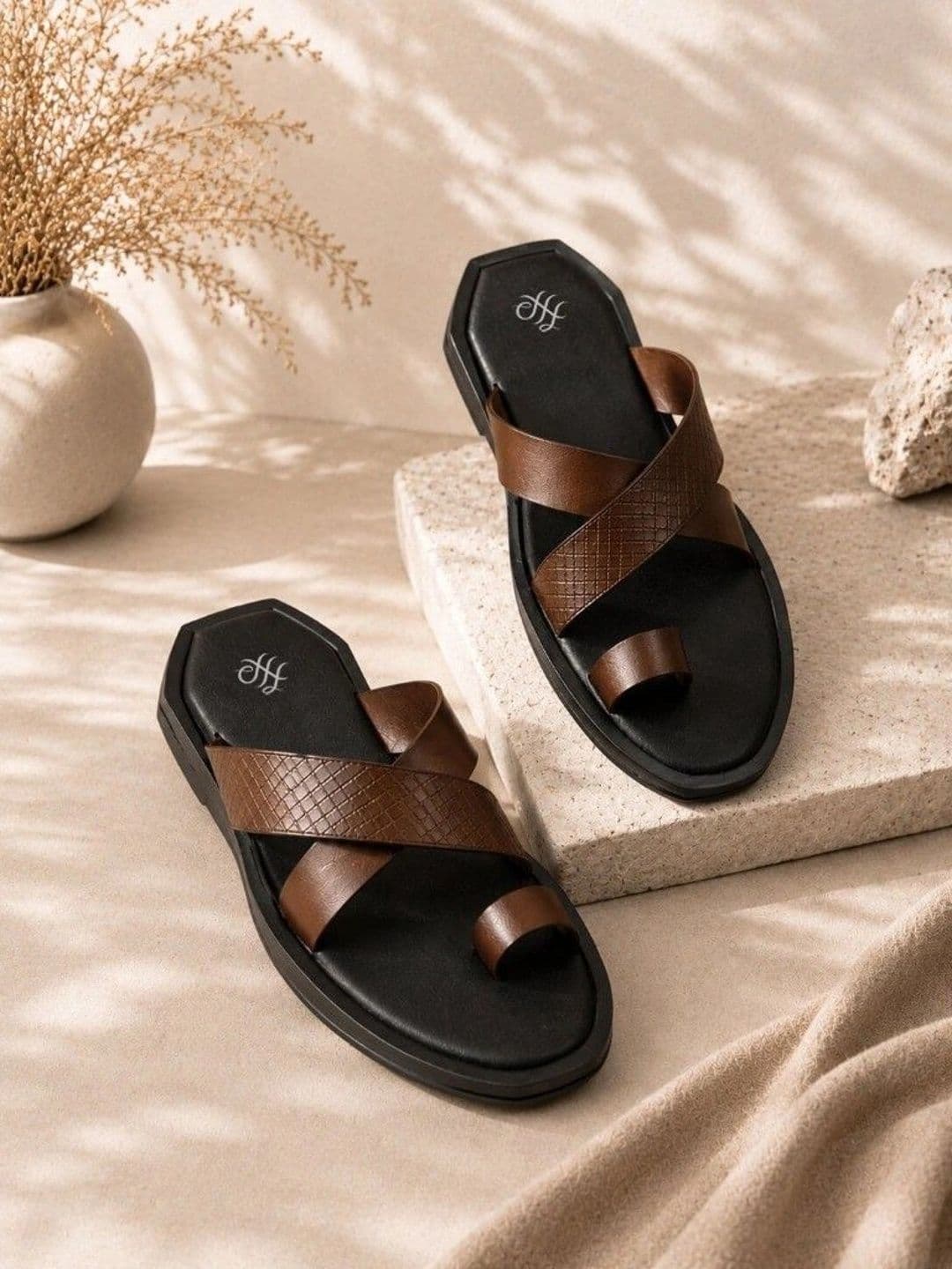 House of Pataudi Men Brown Leather Textured Casual Slip On Pu Comfort Sandals - view 1