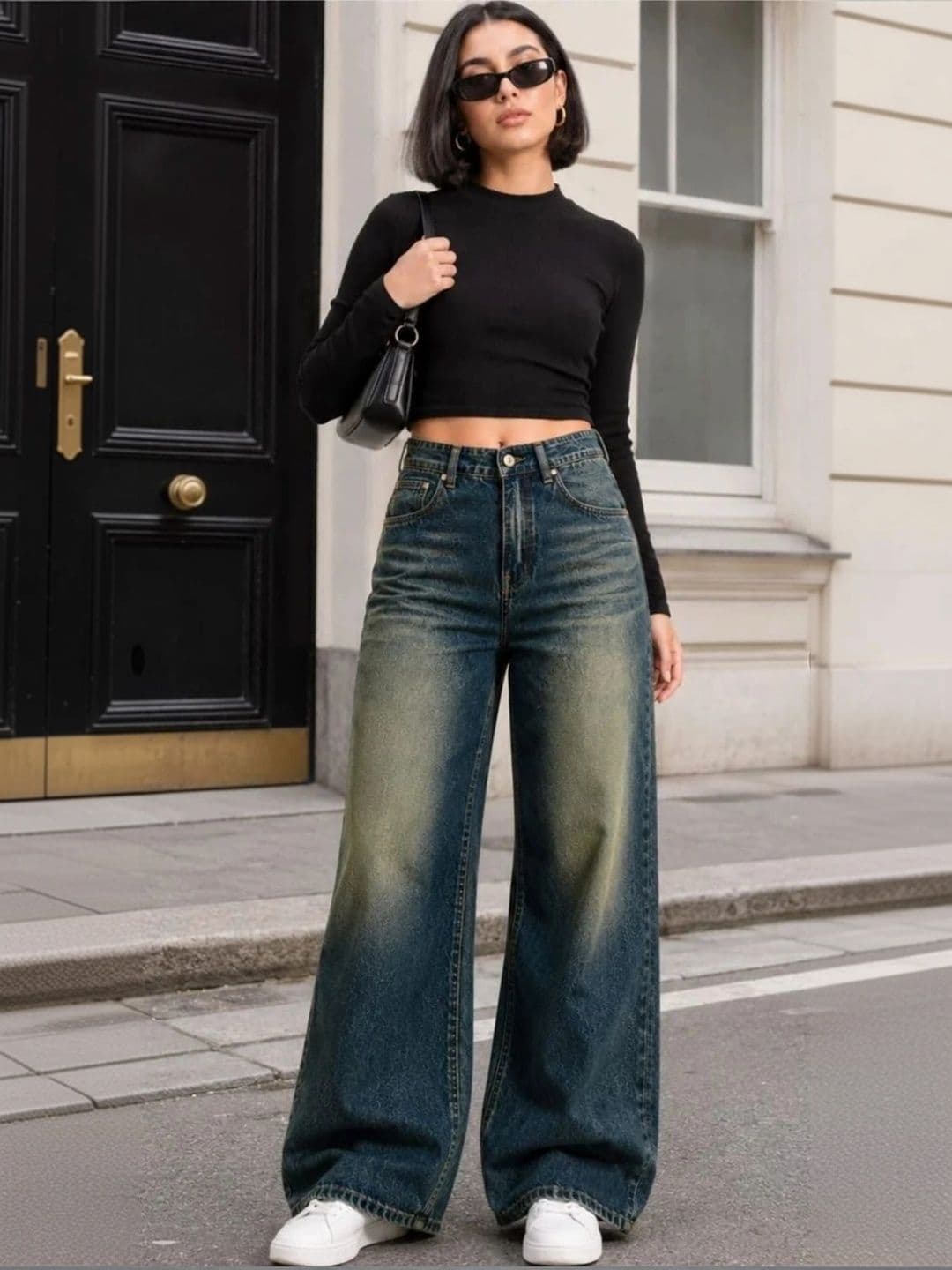 Dot Badges Women Wide Leg High-Rise Denim Jeans - view 1