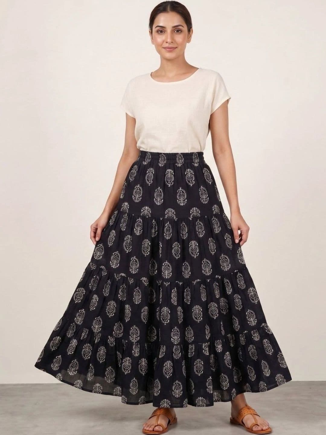 SLF INDIA Women Pure Cotton Cotton Cambric Floral Bohemian Maxi Tiered Skirt - view 1
