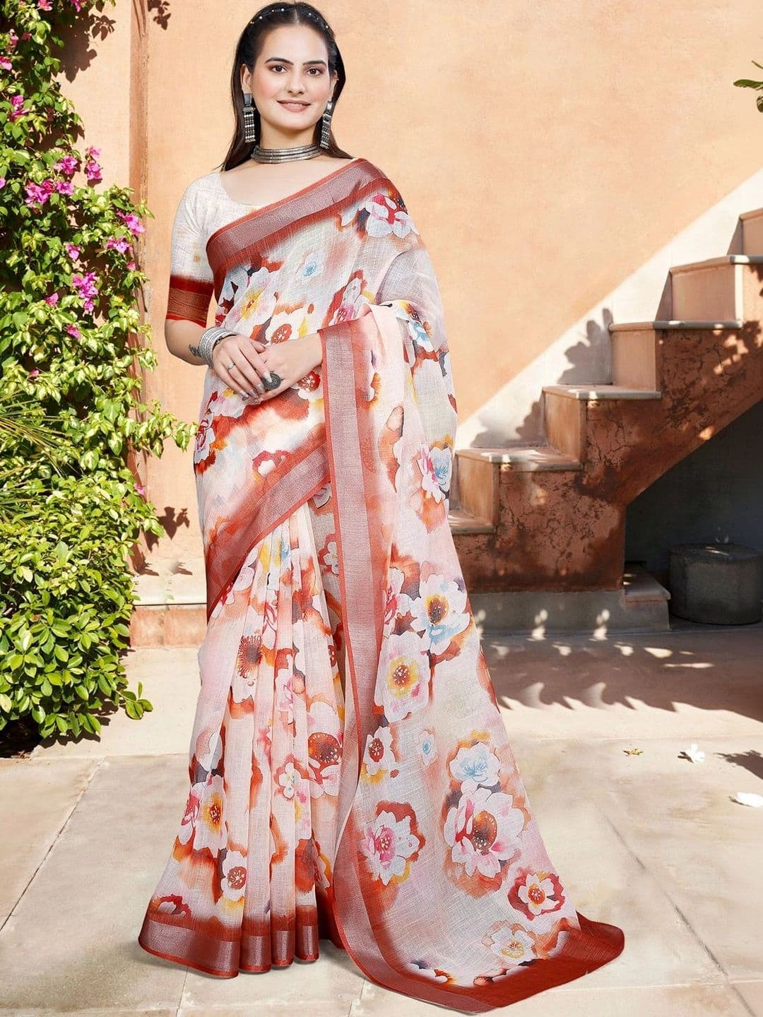 Mitera Floral Zari Linen Blend Designer Block Print Saree - view 1