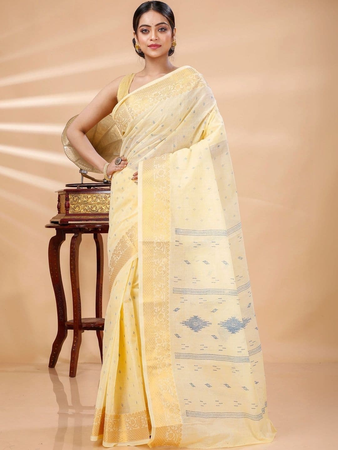 PuJoy Ethnic Motifs Zari Pure Cotton Taant Saree - view 1