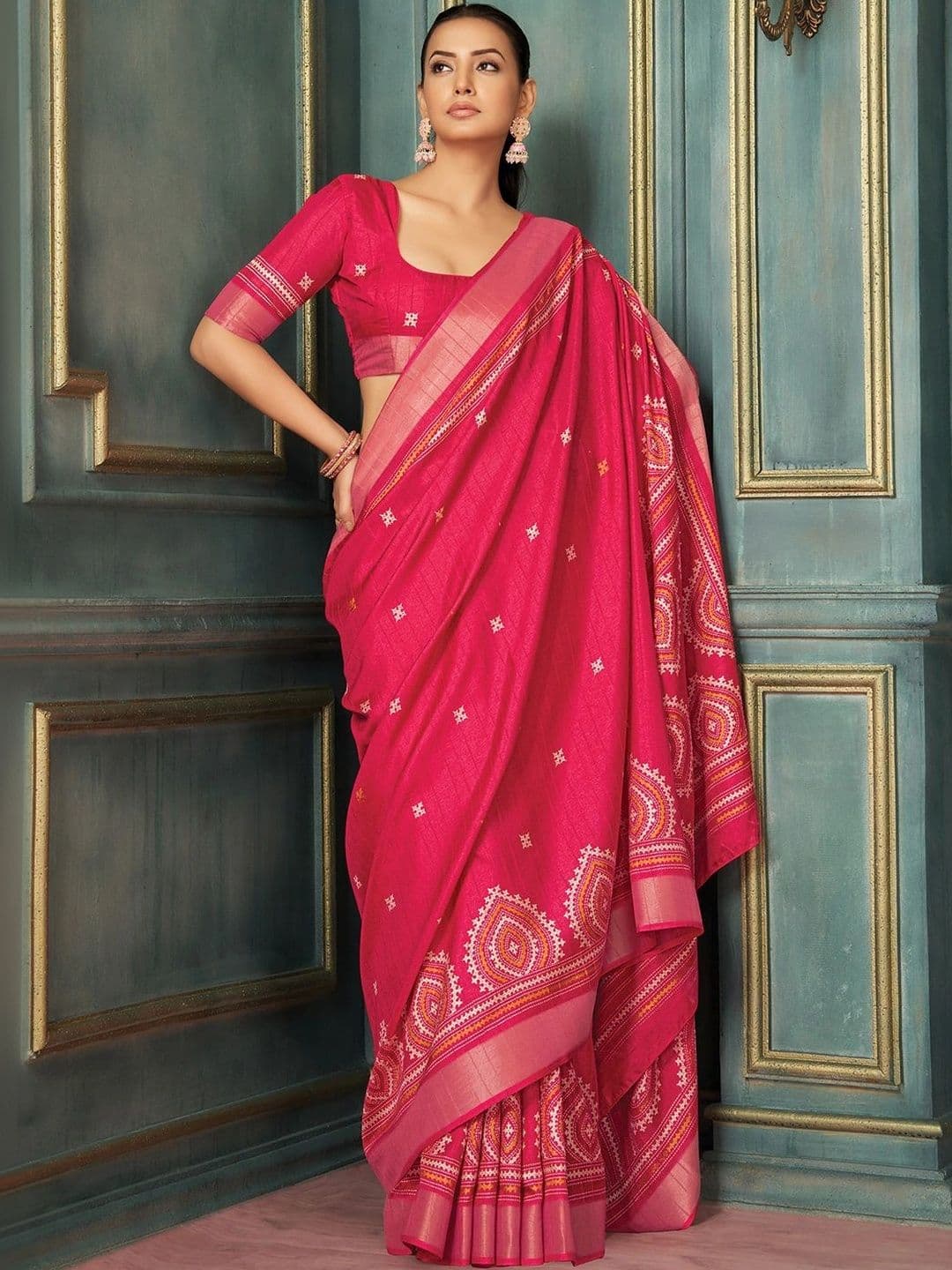 Mitera Woven Design Zari Silk Blend Designer Block Print Saree - view 1