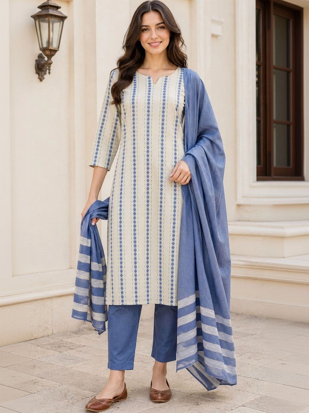 EVANORA Women Printed Regular Pure Cotton Kurta with Trousers & With Dupatta - view 1