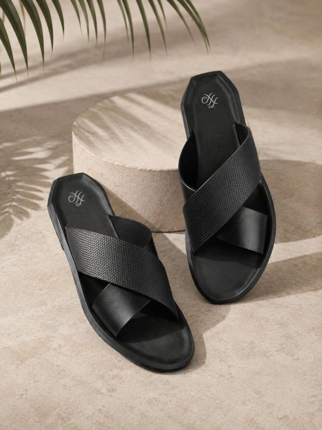 House of Pataudi Men Black Leather Textured Casual Slip On Pu Comfort Sandals - view 1