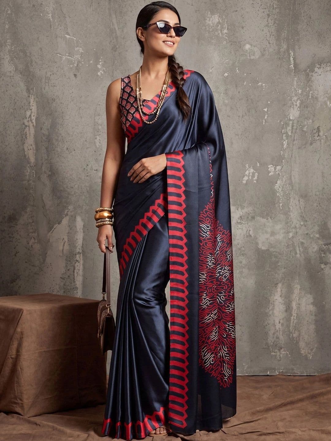 Mitera Satin Designer Block Print Saree - view 1