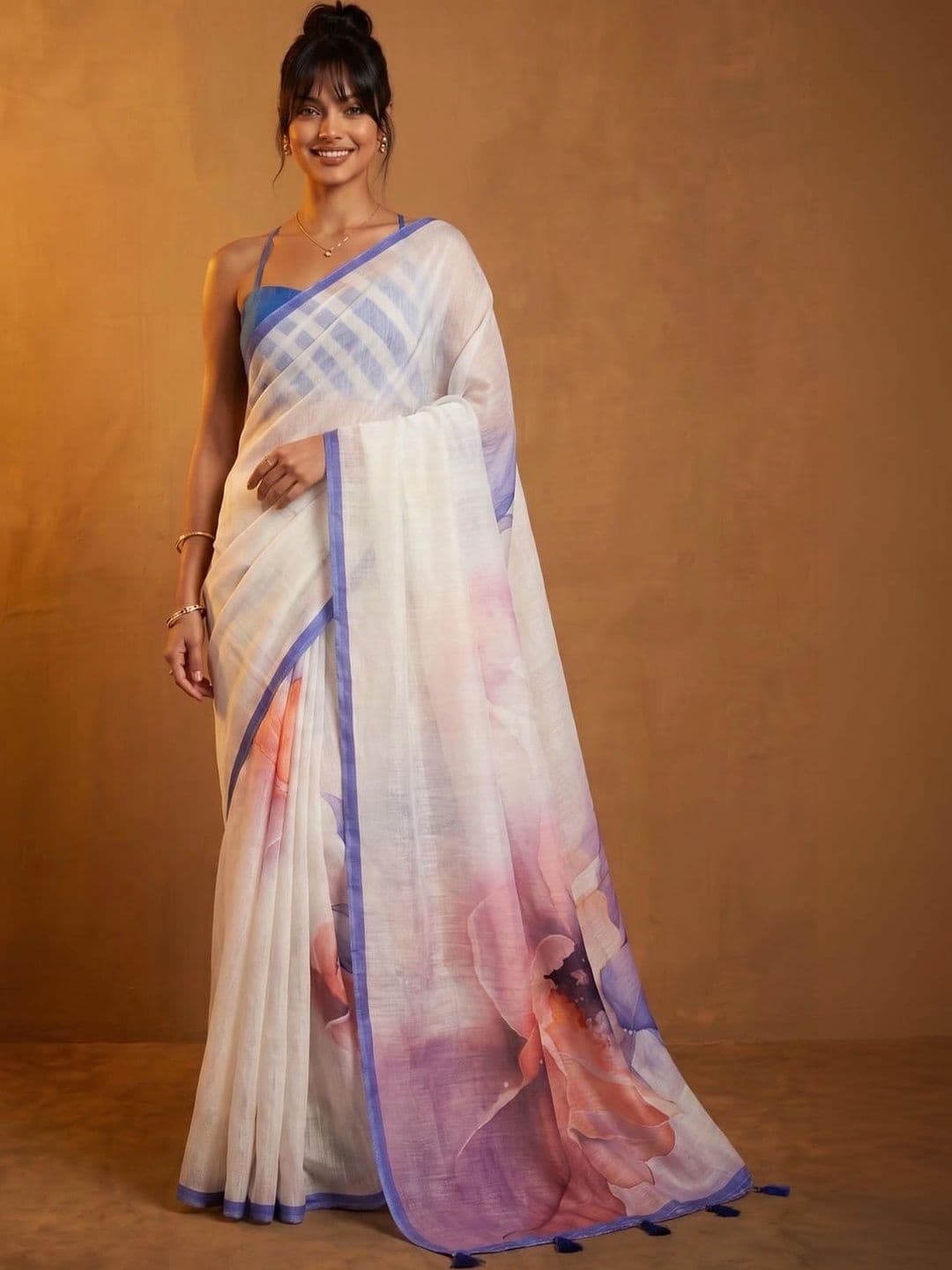 KINDA DESI Floral Linen Blend Saree - view 1