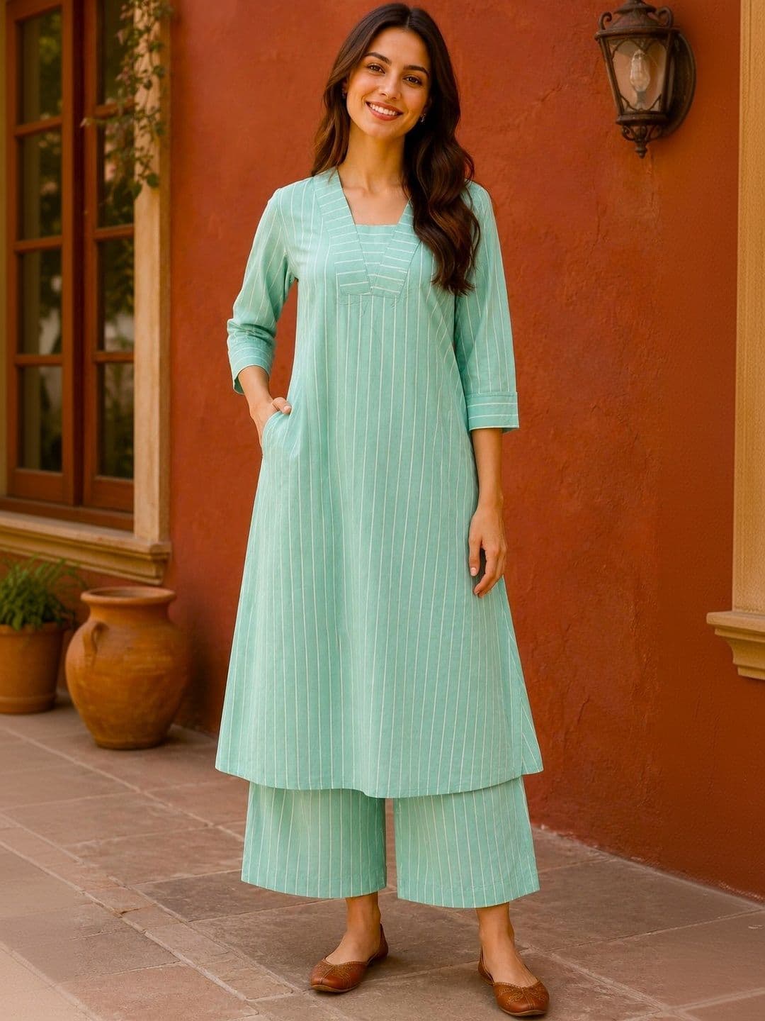 EVANORA Women Striped Regular Pure Cotton Kurta with Palazzos - view 1
