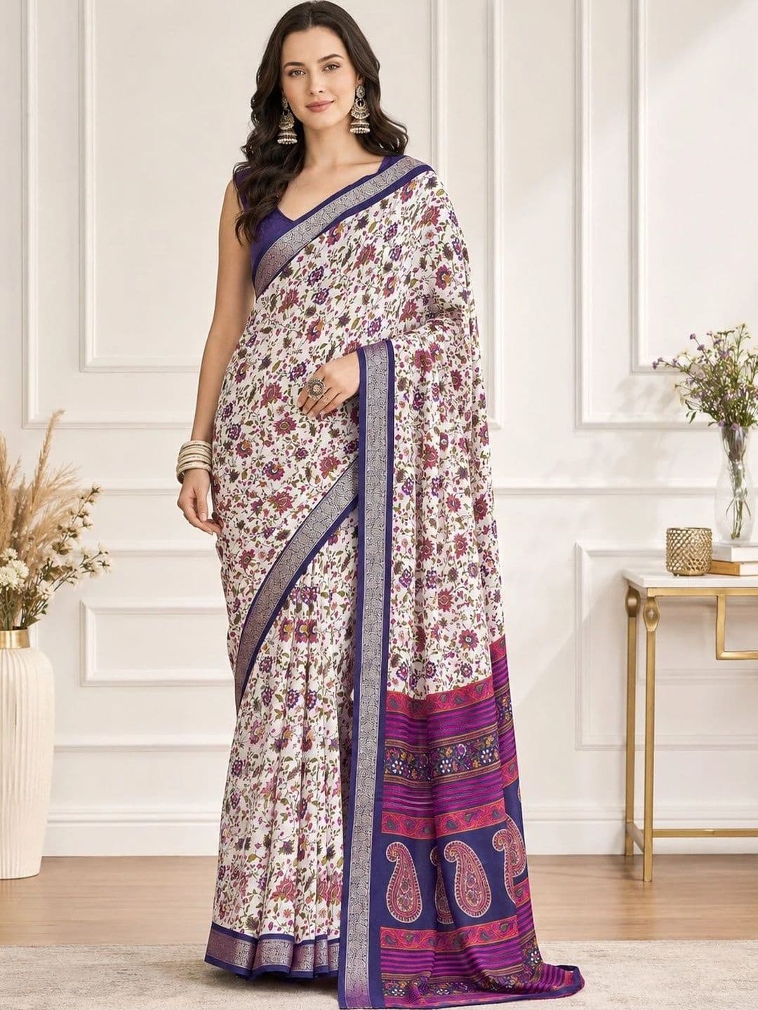 ELINA FASHION & HOME Paisley Zari Poly Crepe Fusion Saree - view 1