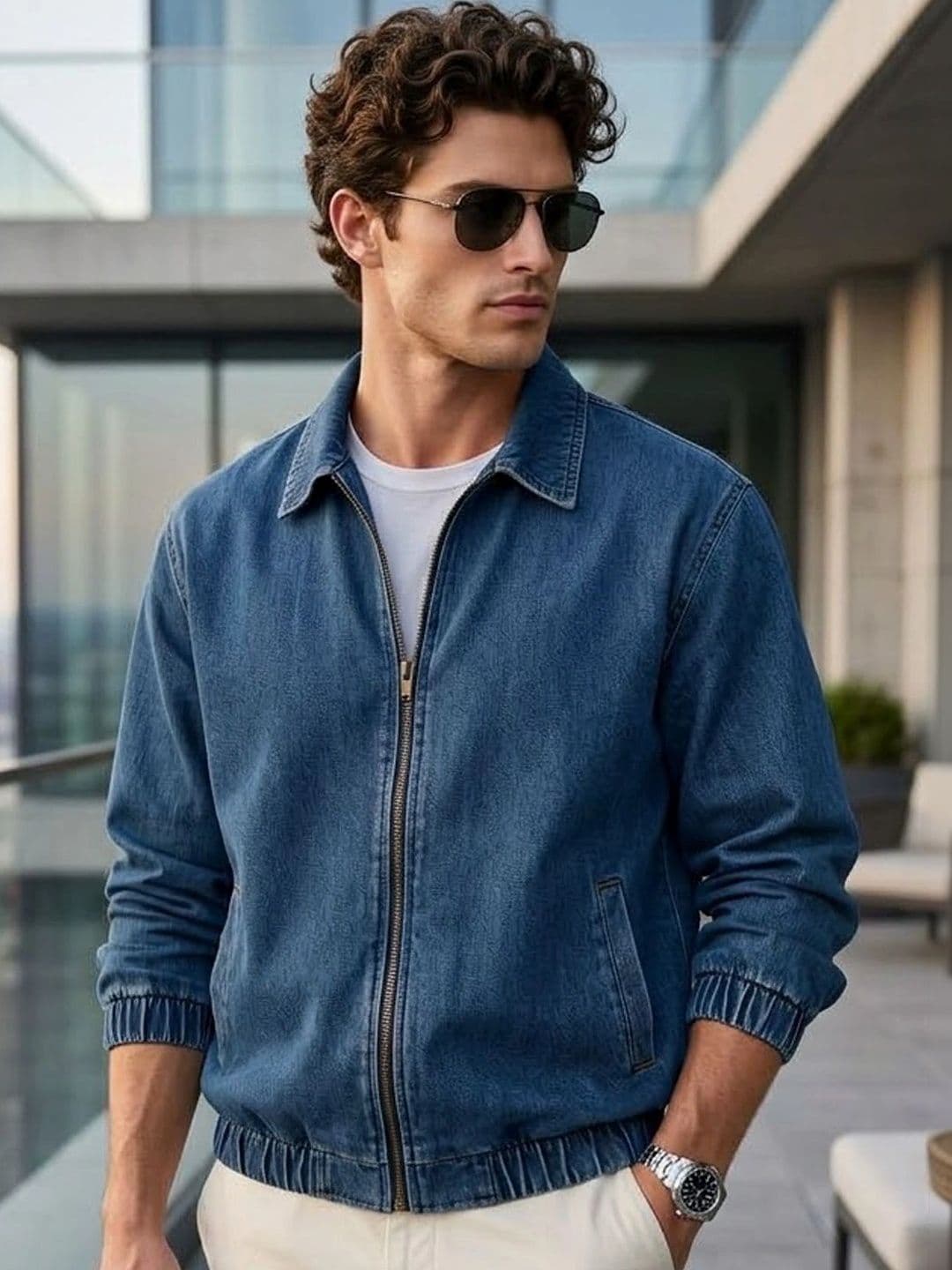 Urbano Fashion Men's Blue Relaxed Fit Full Sleeve Harrington Denim Jacket - view 1