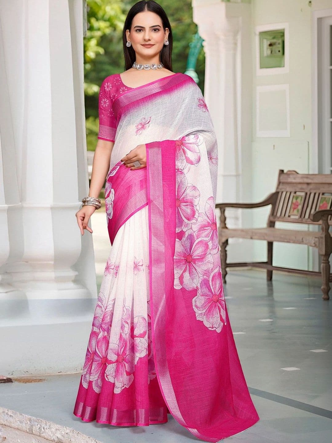 Mitera Floral Zari Linen Blend Designer Block Print Saree - view 1