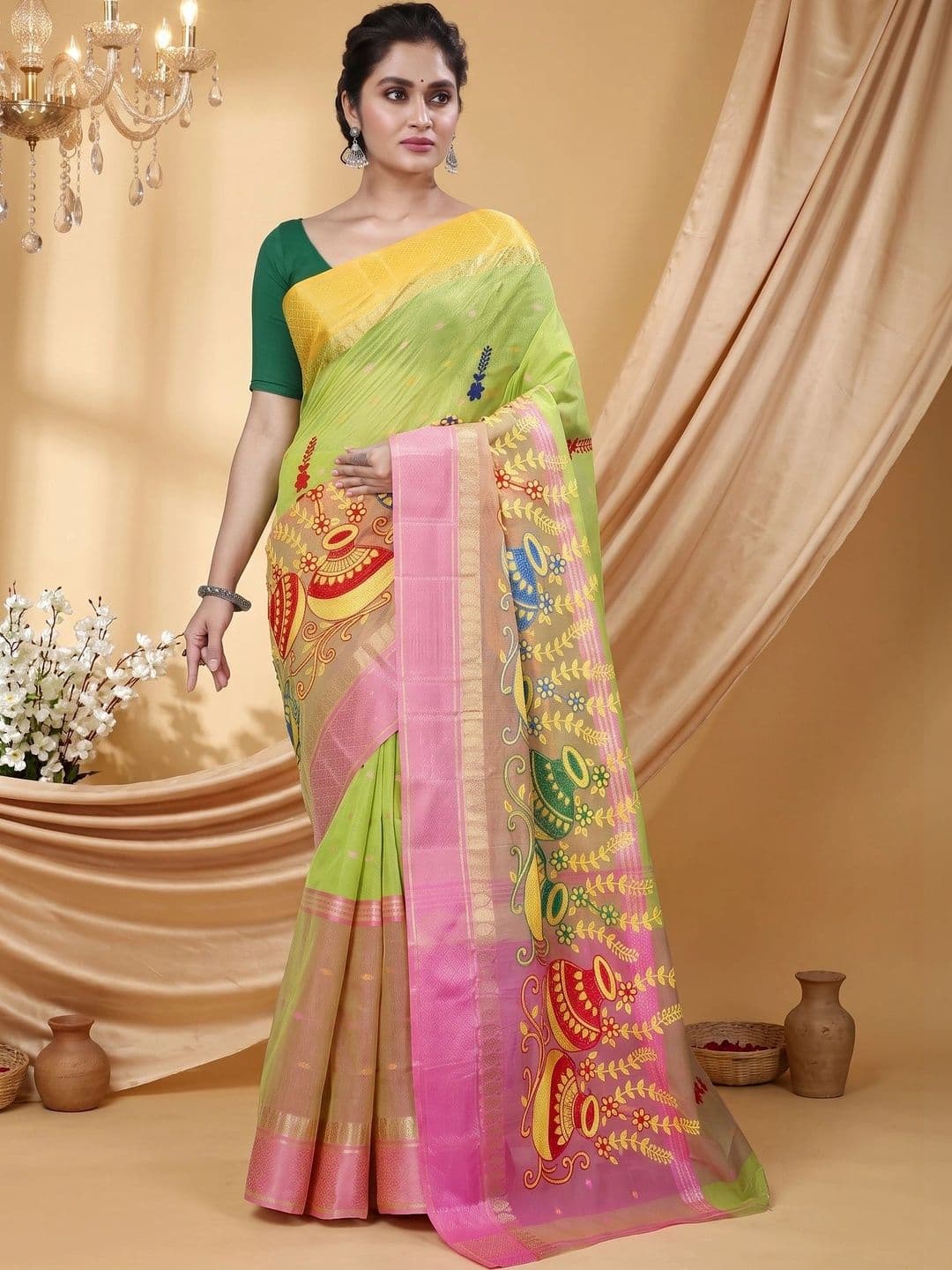 PuJoy Ethnic Motifs Embroidered Pure Cotton Taant Saree - view 1