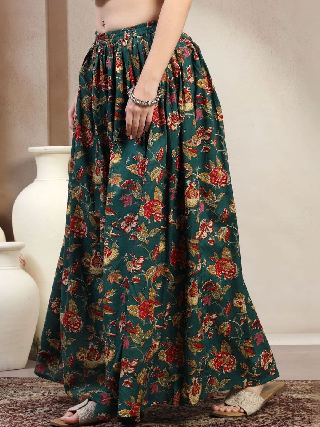 HERE&NOW Women Pure Cotton Blend Cotton Cambric Floral Maxi Flared Skirt - view 1