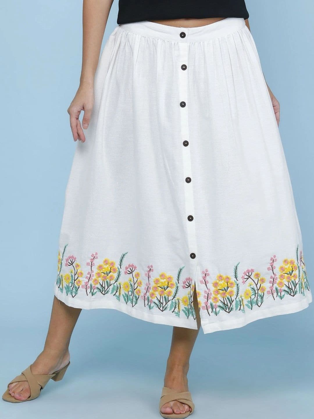 LIMEROAD Women Cotton Floral Front Slit Midi A-Line Skirt - view 1
