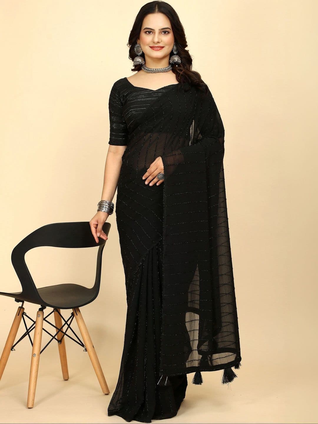 KALINI Striped Poly Georgette Designer Saree - view 1