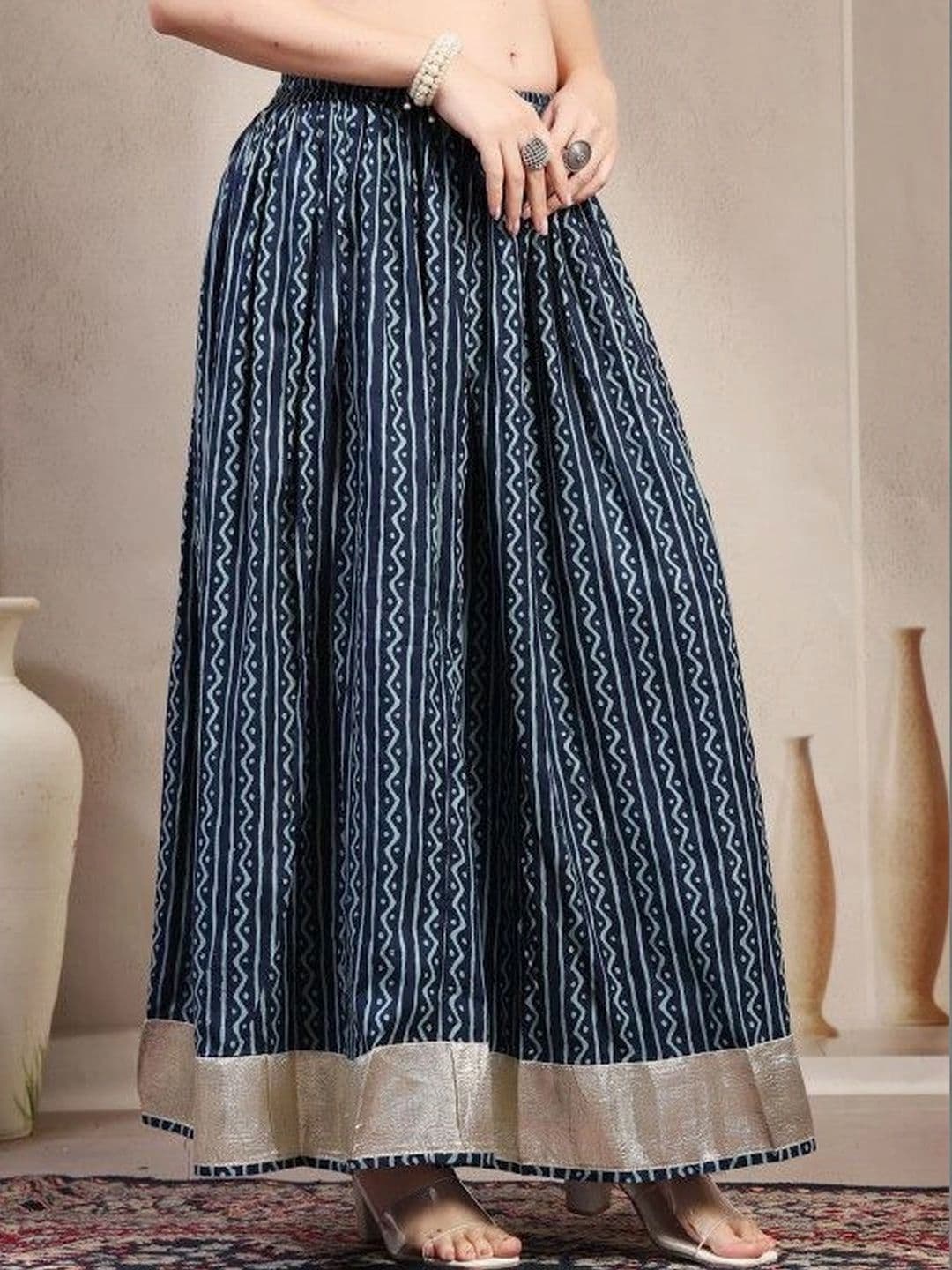 HERE&NOW Women Pure Cotton Blend Cotton Cambric Geometric Maxi Flared Skirt - view 1