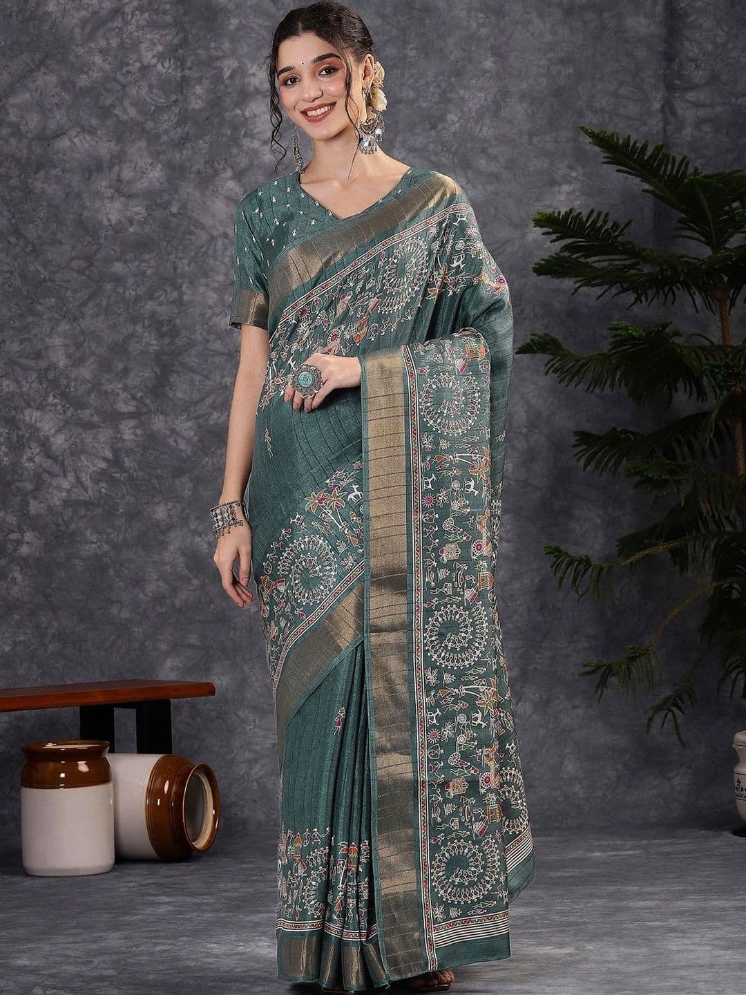 Mitera Kalamkari Zari Silk Blend Designer Block Print Saree - view 1