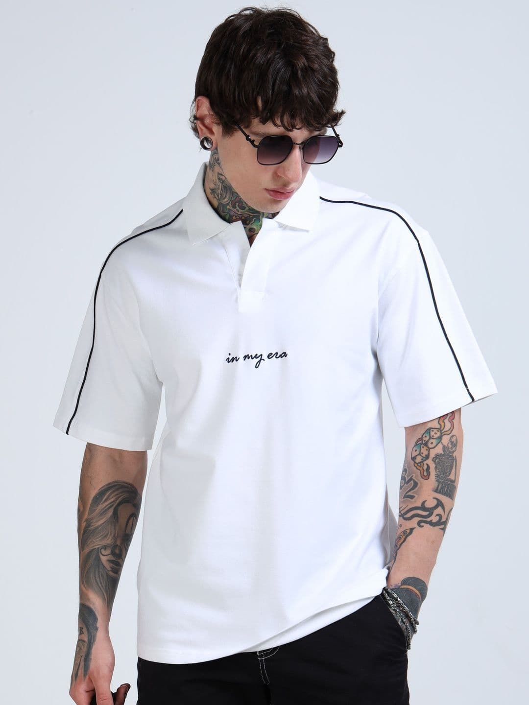 glitchez Men Typography Printed Polo Collar Cotton Oversized T-shirt - view 1