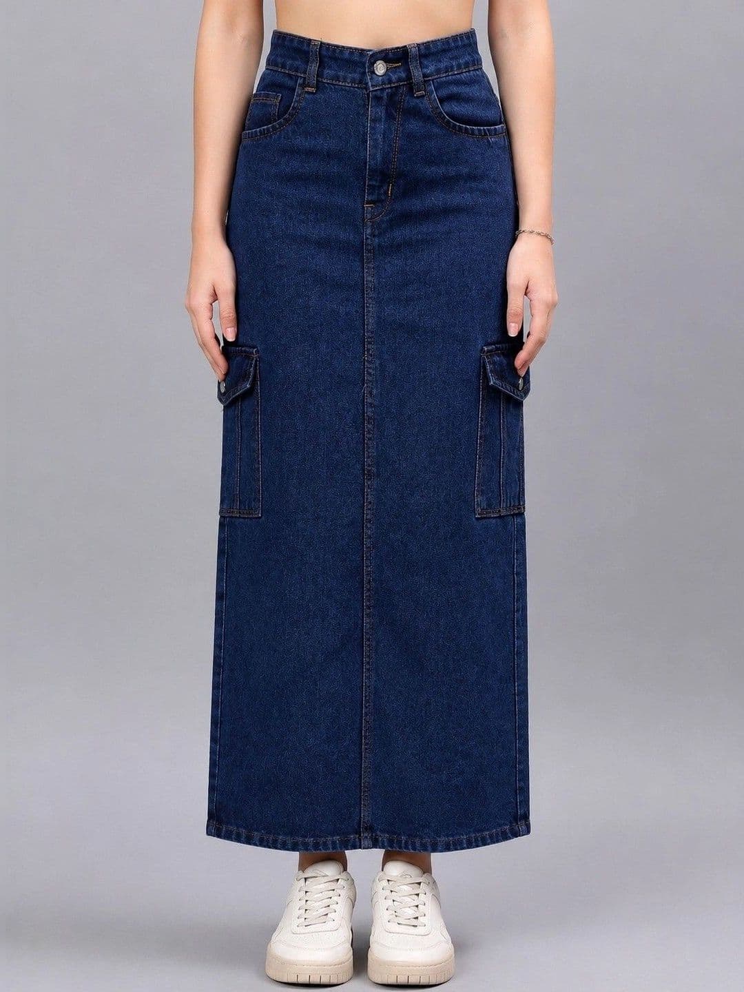 Mast & Harbour Women Denim Cargo Styles Back Slit Midi A-Line Skirt - view 1