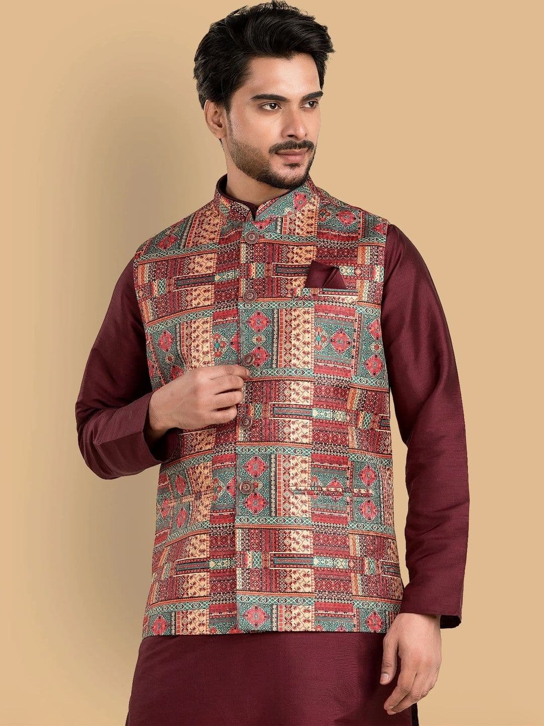 TRENDS OF ETHNIC Printed Mandarin Collar Nehru Jackets - view 1