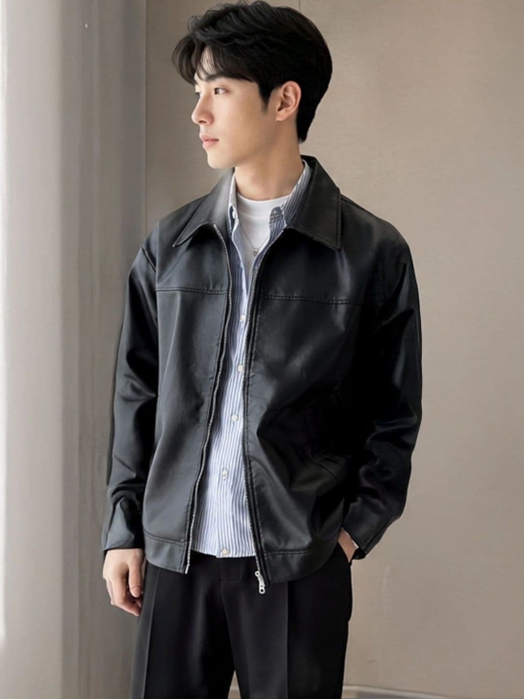 KPOP Men Spread Collar Solid Lightweight Leather Jacket - view 1