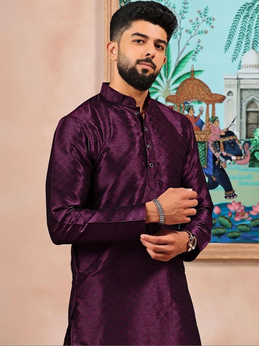 Koshin Geometric Woven Design Mandarin Collar Jacquard Silk Straight Kurta - view 1