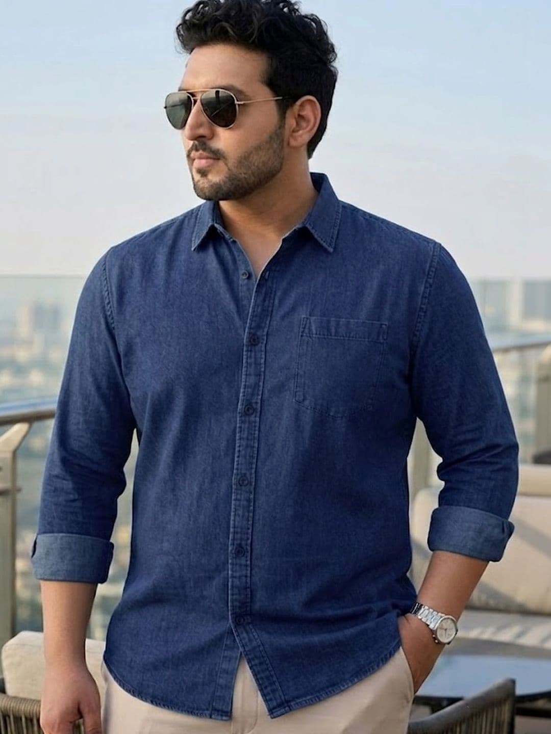 Urbano Plus Plus Size Spread Collar Roll-Up Sleeves Denim Casual Shirt - view 1