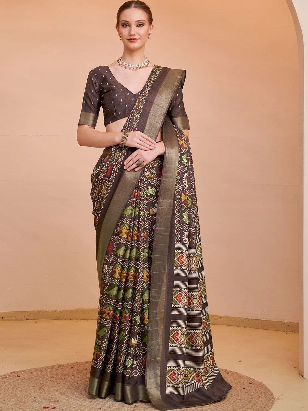 Mitera Zari Silk Blend Designer Block Print Saree - view 1