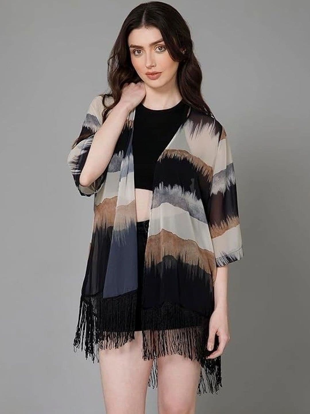 Lunice Women Printed Tasselled Shrug - view 1