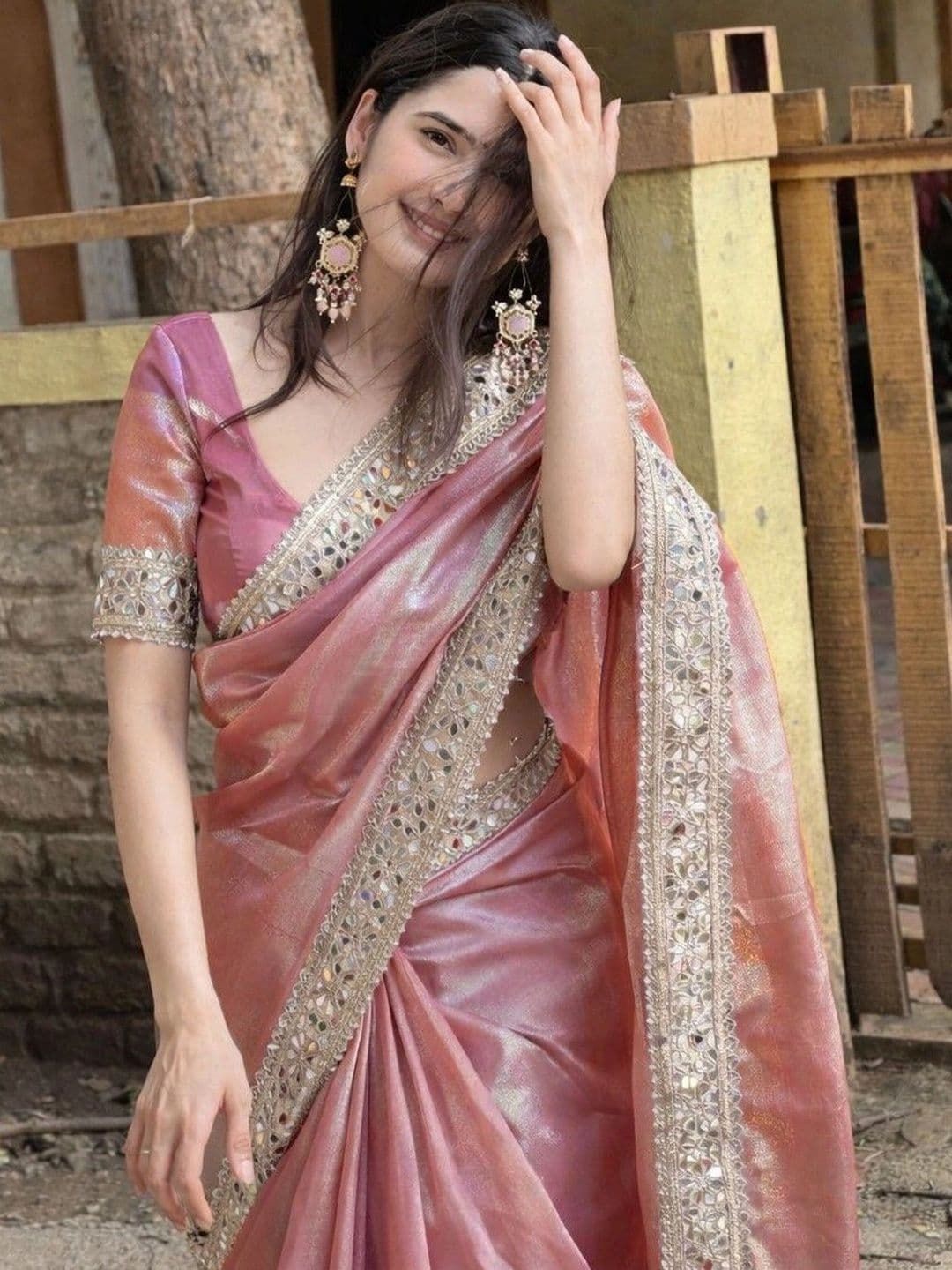SHIVGORI Embellished Mirror Work Tissue Designer Saree - view 1