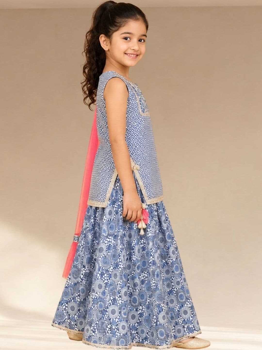 LIL DRAMA Girls Printed Block Print Ready to Wear Lehenga & Blouse With Dupatta - view 1
