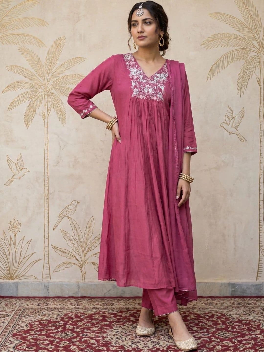 Sangria Women Ethnic Motifs Embroidered Empire Thread Work Kurta with Trousers & With Dupatta - view 1