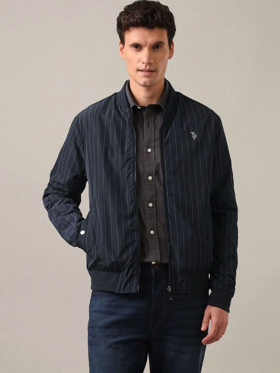 U.S. Polo Assn. Men Stand Collar Striped Casual Bomber Jacket - view 1