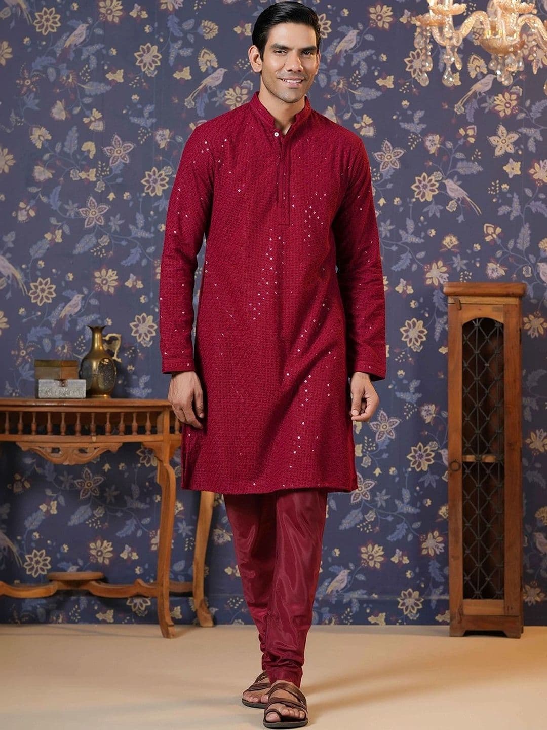 House of Pataudi Mens Pure Cotton Embroidered Mandarin Collar Straight Kurtas - view 1