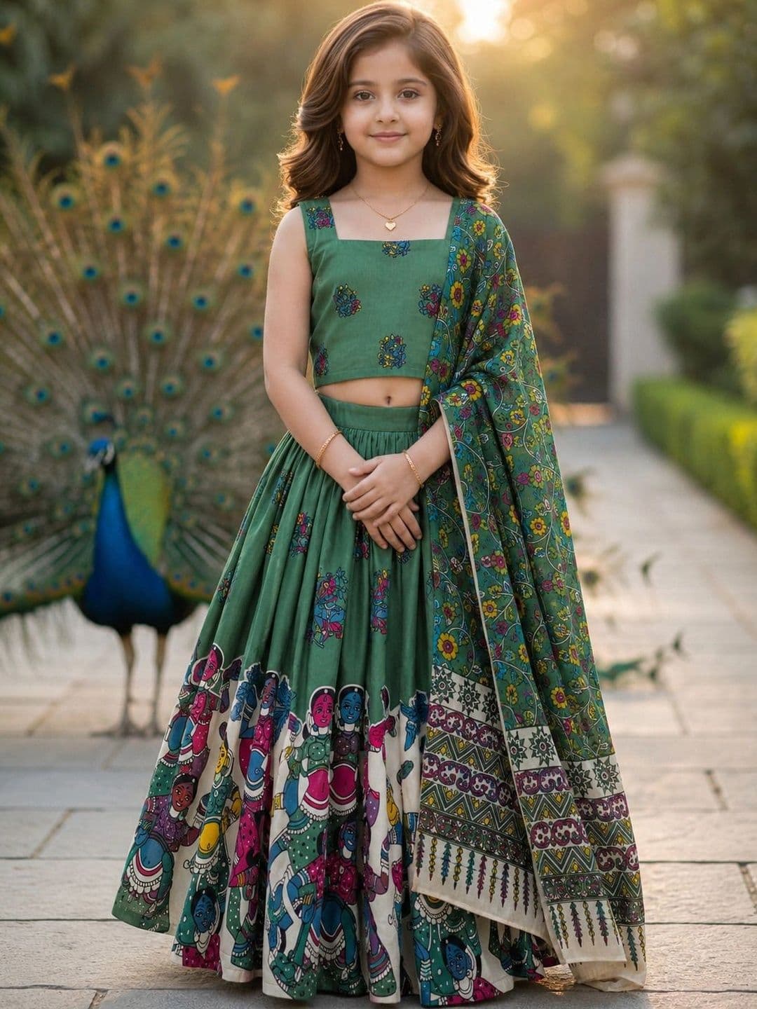 KALINI Girls Printed Kalamkari Ready to Wear Lehenga & Blouse With Dupatta - view 1