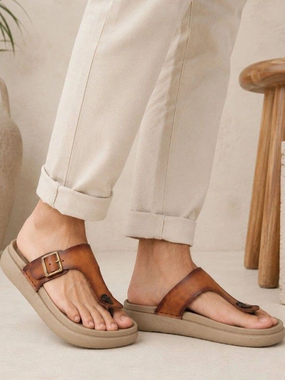 Roadster Men Tan Leather Casual Slip On Comfort Sandals - view 1