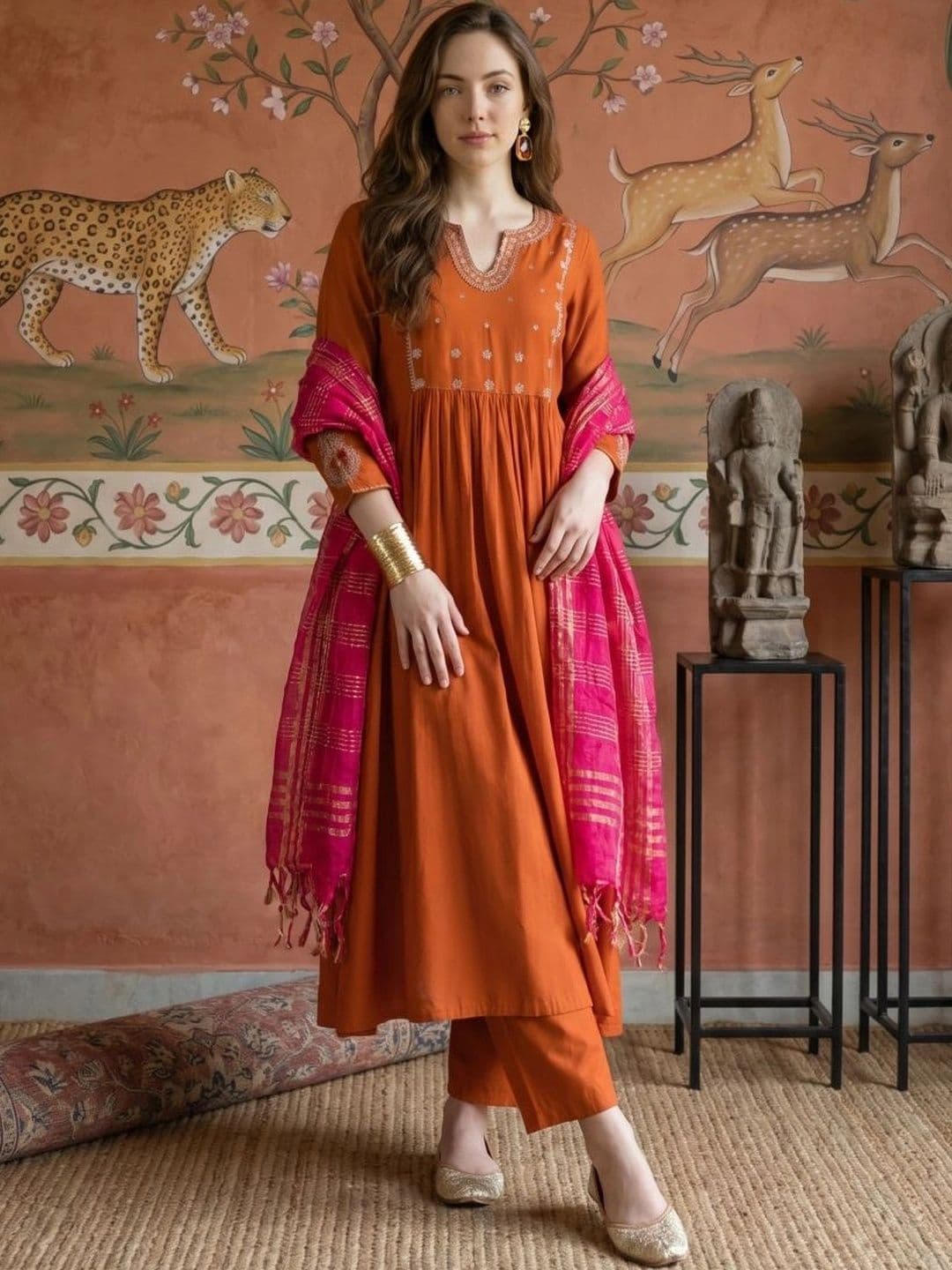 Sangria Women Ethnic Motifs Embroidered Empire Thread Work Kurta with Trousers & With Dupatta - view 1