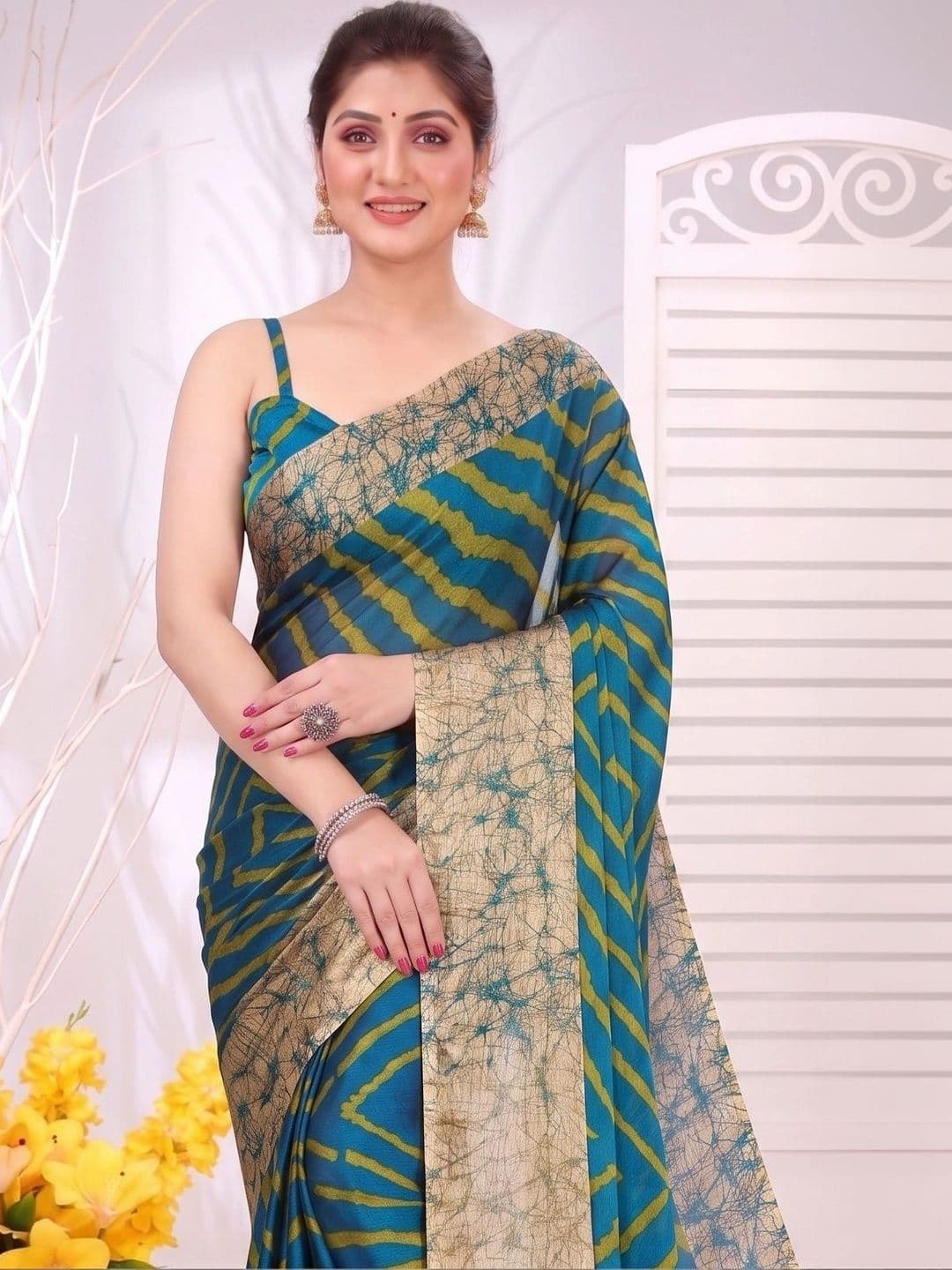 Moda Rapido Striped Pure Chiffon Designer Leheriya Saree - view 1