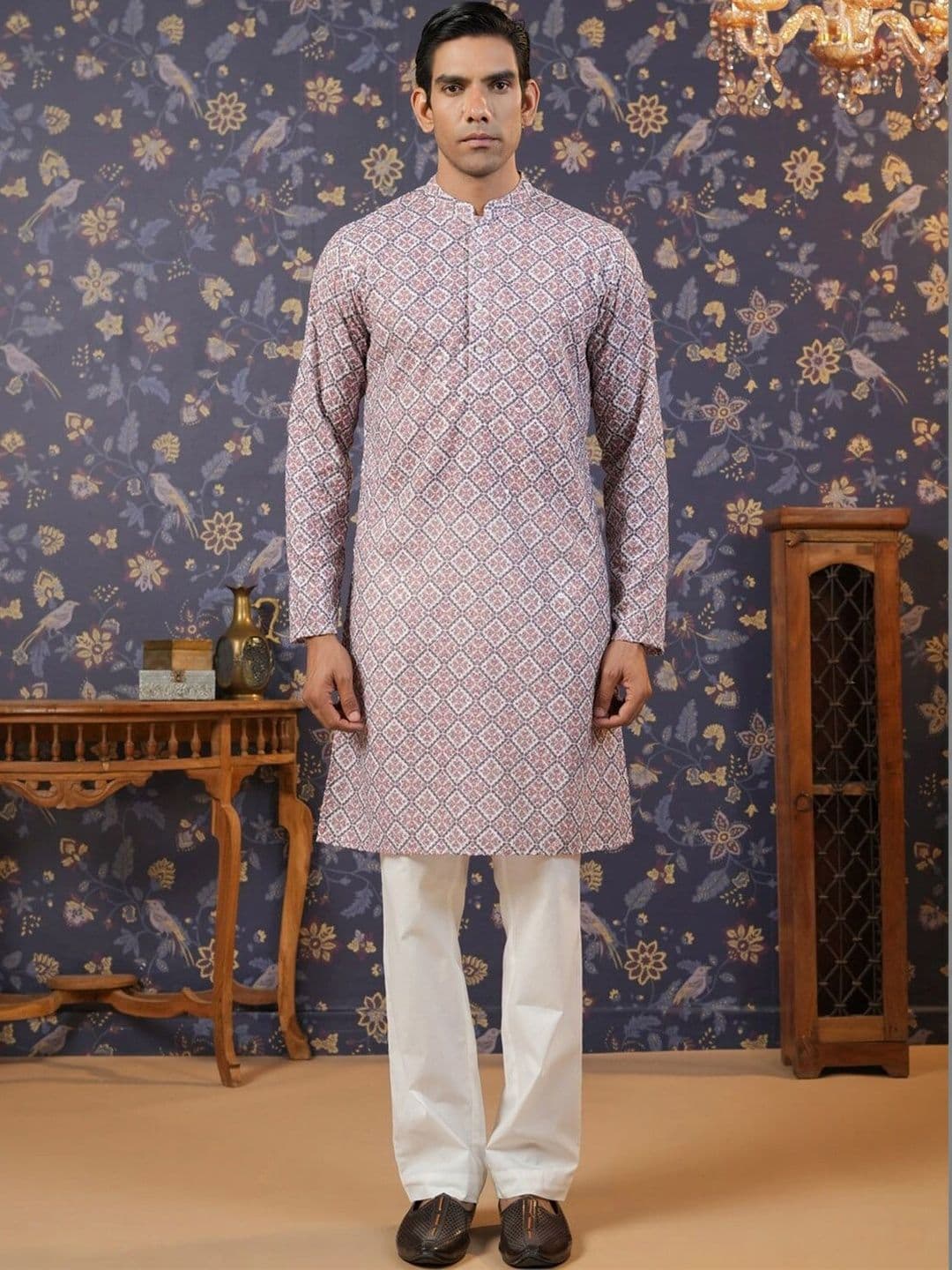 House of Pataudi Mens Ethnic Pure Cotton Motifs Printed Straight Kurta - view 1