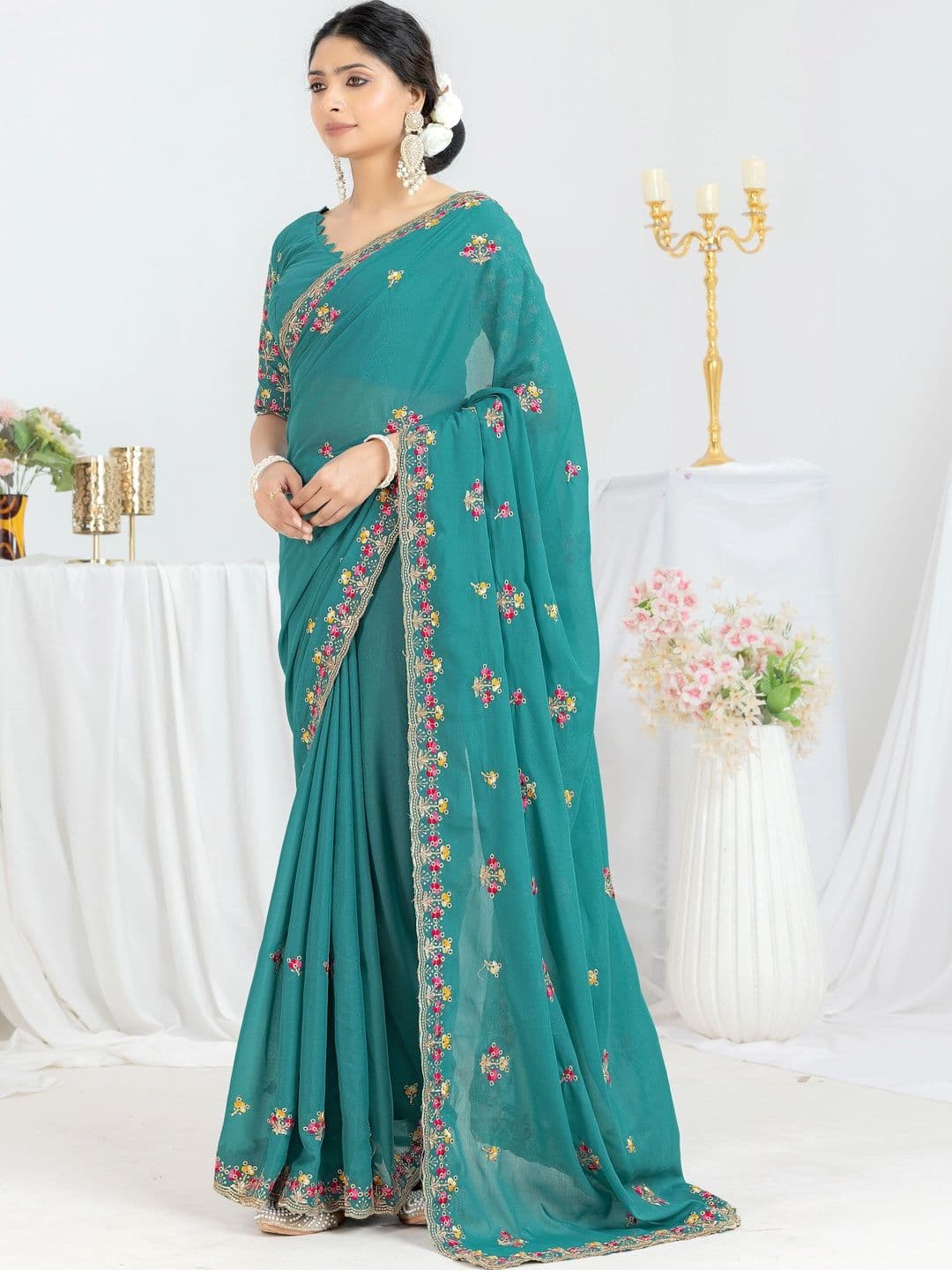 LabelVASTRA Embellished Embroidered Poly Georgette Saree With Blouse Piece - view 1