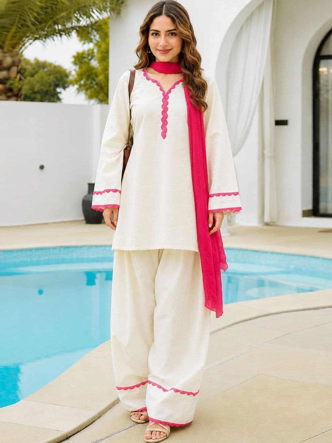 Anouk Rustic GoSriKi Women's Cream Cora Cotton Solid Farshi Salwar Suit With Dupatta - view 1