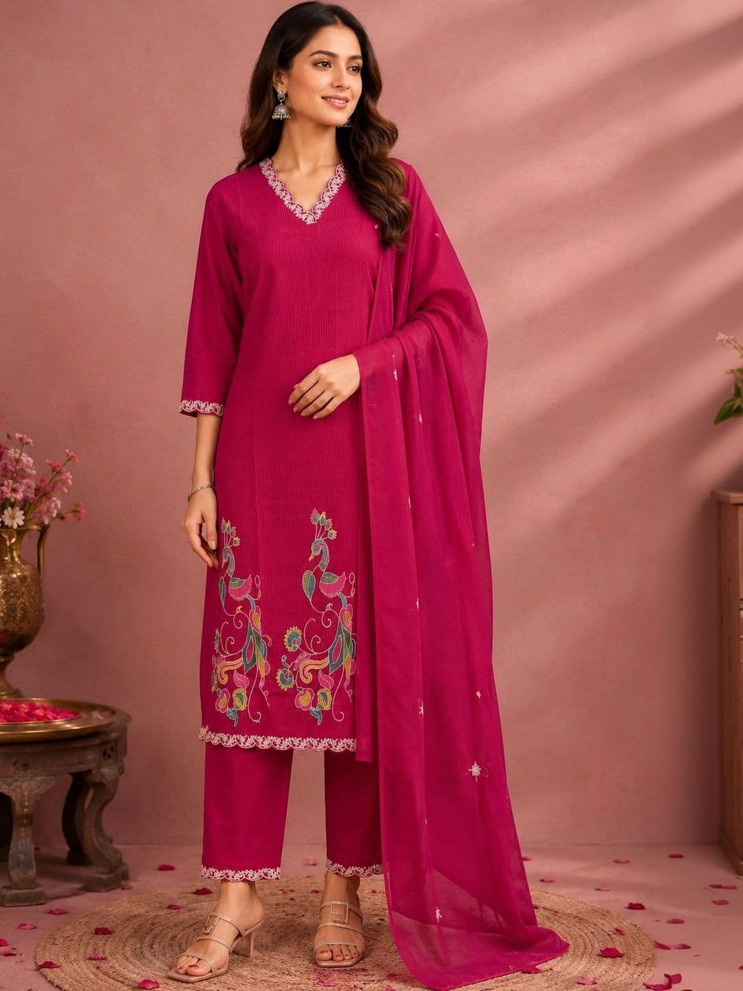 Araaha Women Ethnic Motifs Embroidered Regular Thread Work Pure Cotton Kurta with Trousers & With Dupatta - view 1