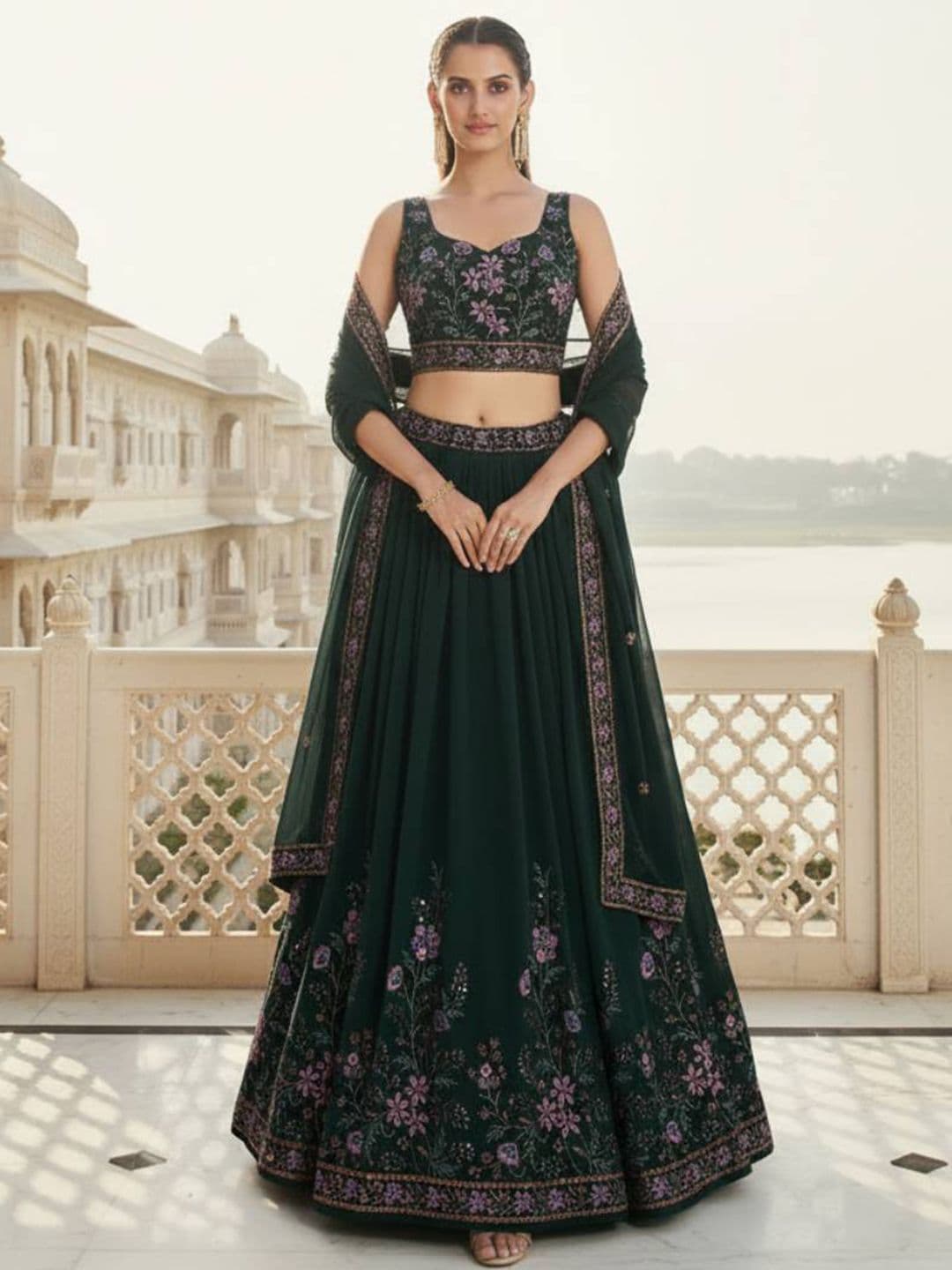 DREAM EXPORTER Embellished Sequinned Semi-Stitched Lehenga & Unstitched Blouse With Dupatta - view 1